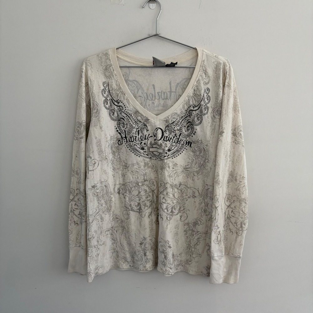 Harley Davidson Women XL White Thermal V-Neck Graphic Long Sleeve Shirt